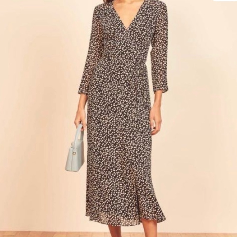 Reformation Black and White Alessandra Midi Wrap Dress